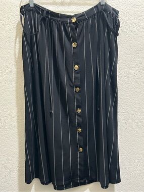 Terra & Sky Black Pinstripe Button-Front Midi Skirt with Tie Waist